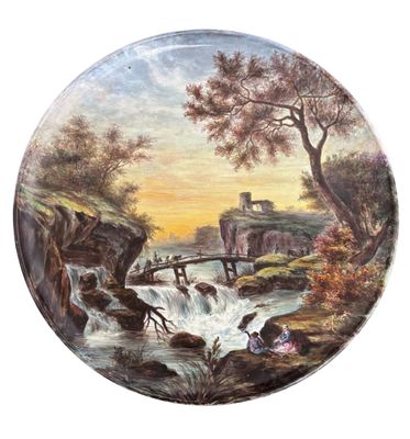 une image représentant un tableau où l'on voit une rivière enjambée par un pont