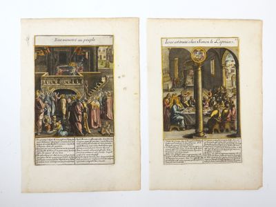 deux vieux livres contenant des illustrations représentant des personnes et des animaux dans une pièce