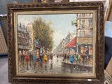 a painting of a city street with people walking in the rain