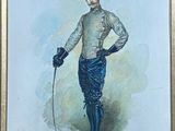 painting of a man in blue pants and a white shirt holding a cane