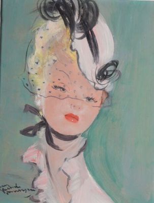 tableau représentant une femme vêtue d'une robe blanche et coiffée d'un chapeau
