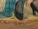 a painting of a woman ' s shoes with blue hair