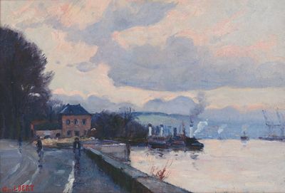 tableau représentant une vue sur une rivière avec un bateau au loin