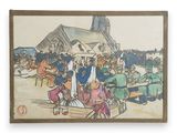 un tableau représentant un groupe de personnes devant une église