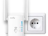 a close up of a wifi router and a plug on a white surface
