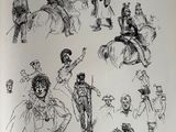sketches of people and animals in various poses in a book