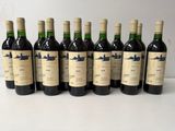 six bottles of wine are lined up in a row on a table