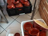 many bowls and pans that are on the floor