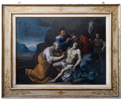 une peinture à l'huile représentant un groupe de personnes, avec un homme allongé par terre