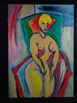 painting of a woman sitting in a chair with a red hat