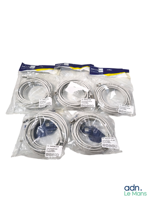 six different types of cables in bags on a white surface