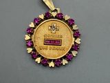 a close up of a gold coin with purple stones on it