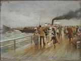 a painting of people walking on a pier with a boat in the background