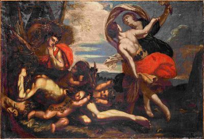 une peinture à l'huile représentant un tableau d'un homme et d'une femme dans un paysage