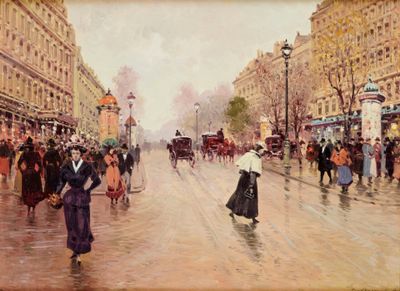 une peinture de personnes marchant dans la rue sous la pluie