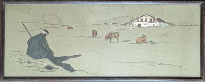 a picture of a painting of a man sitting in the snow