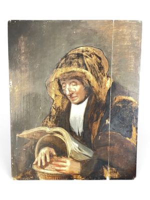 un vieux tableau représentant une femme en train de lire un livre et tenant un panier