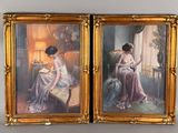 deux tableaux représentant une femme assise sur une chaise à côté d'une lampe