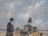 painting of a group of people on a beach with a horse drawn carriage
