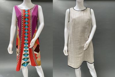 two mannequins dressed in different colors and patterns on display