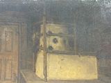 a painting of a refrigerator and a chair in a room