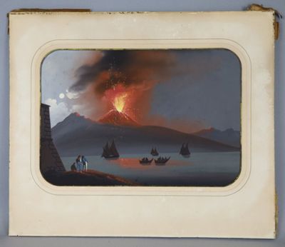 une image représentant un tableau où l'on voit un volcan en éruption surgissant de l'océan