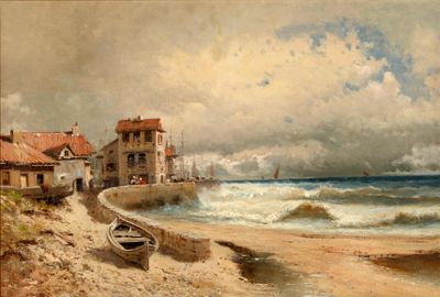 un tableau représentant une scène de plage avec un bateau sur le rivage