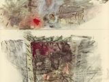 two drawings of a box with a red object in it and a drawing of a box with a red object in it