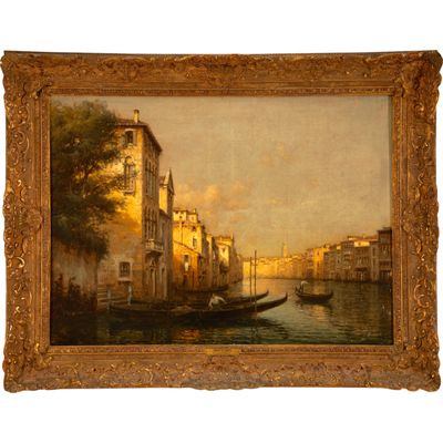 tableau représentant une gondole sur un canal, avec des bâtiments en arrière-plan