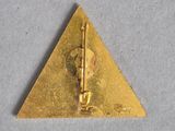a close up of a triangle shaped pin with a gun on it