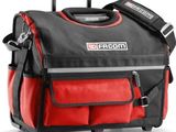 a close up of a red and black tool bag on wheels