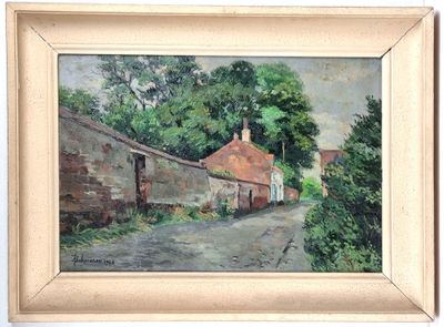 an oil painting of a country road with houses and trees in the background