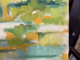 an oil painting of a green and yellow landscape with trees in the background