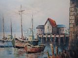 une peinture représentant une scène portuaire avec des bateaux dans l'eau