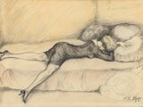 drawing of a woman laying on a bed with her legs crossed