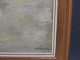 an oil painting of a bird sitting on top of a wooden frame