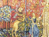 an image of a tapestry with a lady and a lion in a forest