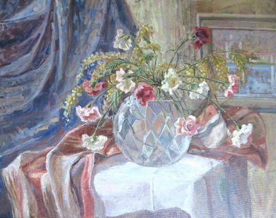 une peinture représentant un vase de fleurs sur une table