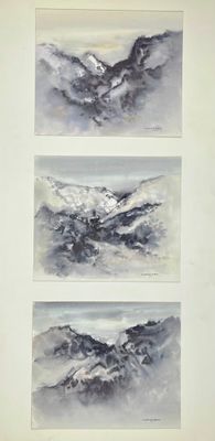 trois aquarelles représentant des montagnes et des nuages sur fond blanc