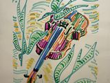 painting of a violin with a colorful design on the back of it