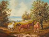 painting of horses grazing in a field with trees and a river