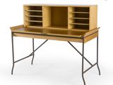a wooden desk with two shelves and a metal frame