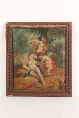 an old painting of a man and a woman on a horse in a wooded area