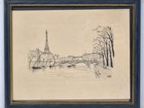 drawing of a view of the eiffel tower from across the river