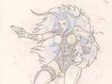 drawing of a woman with a gun in her hand on a sheet of paper