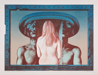 une image représentant un tableau sur lequel figurent deux femmes nues et un homme coiffé d'un chapeau