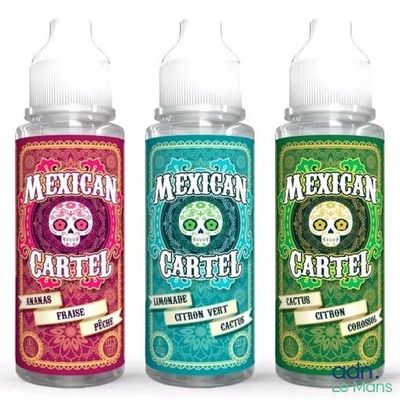 trois flacons de e-liquide à la saveur « Cartel mexicain » sur fond blanc
