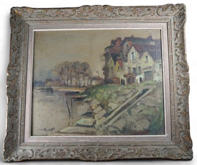 an image of a painting of a house by a body of water