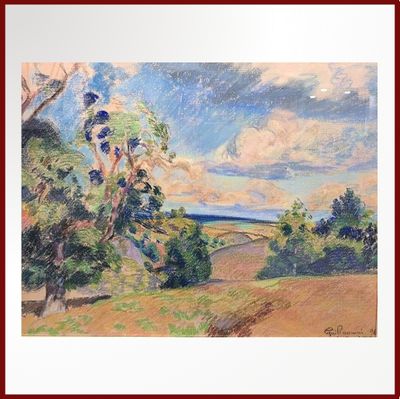 un tableau représentant un paysage avec des arbres et une route au premier plan