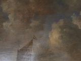 a painting of a boat in the water with clouds in the background
